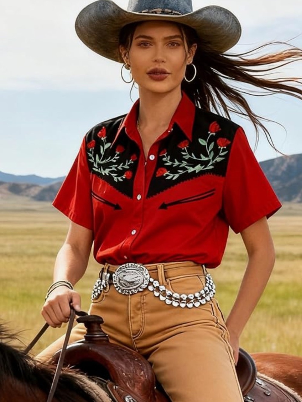 Chic Nation Red Western Embroidered Short-Sleeve Button Down